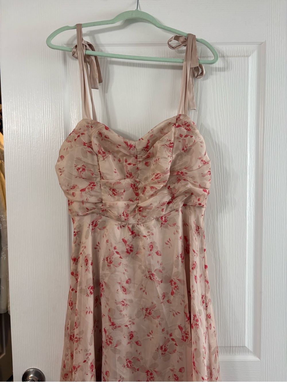 Lulu's Blush Strapless Midi Dress with Red Floral Print